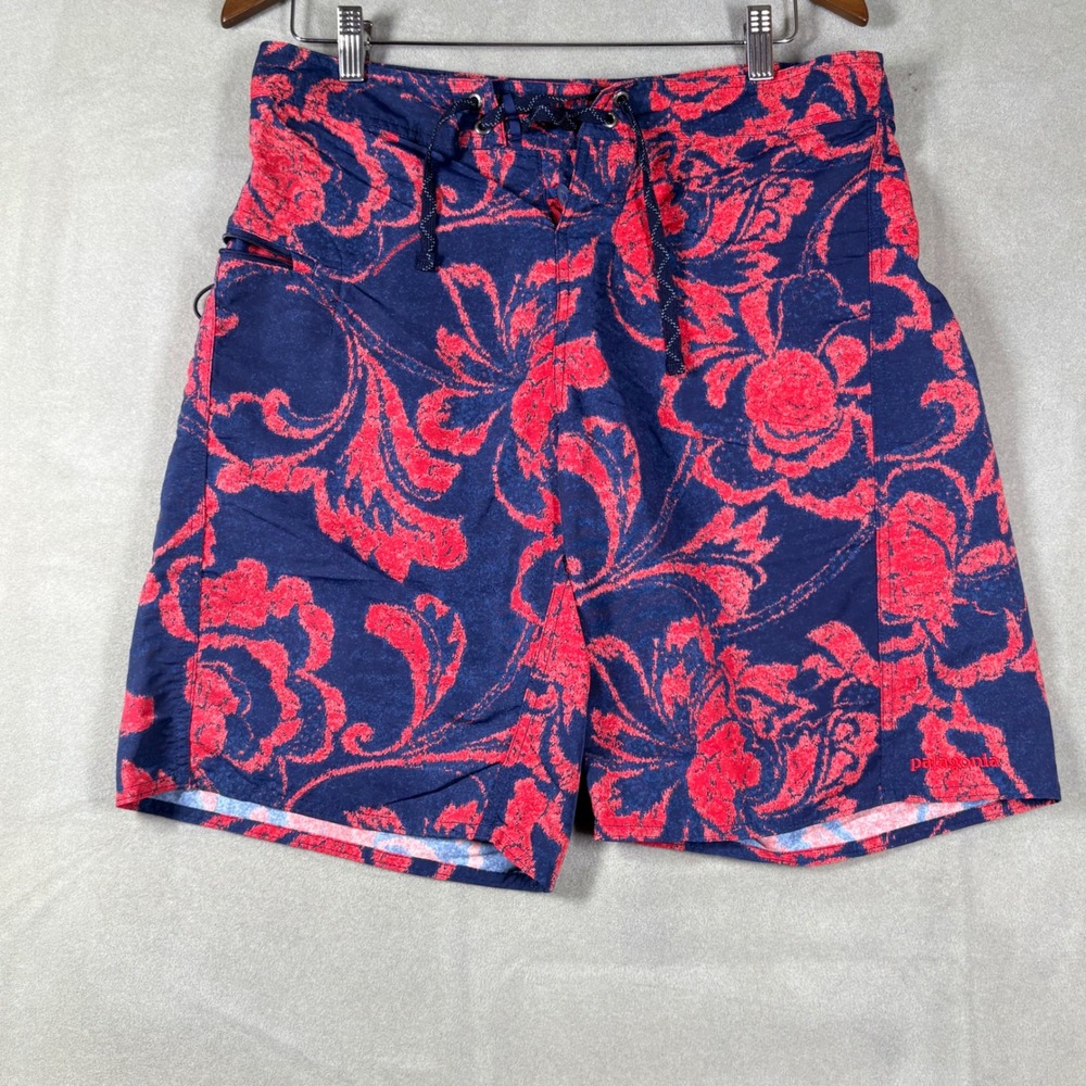 Patagonia Mens Board Shorts Size 32 Navy Blue Red Floral Swim Trunks Nylon